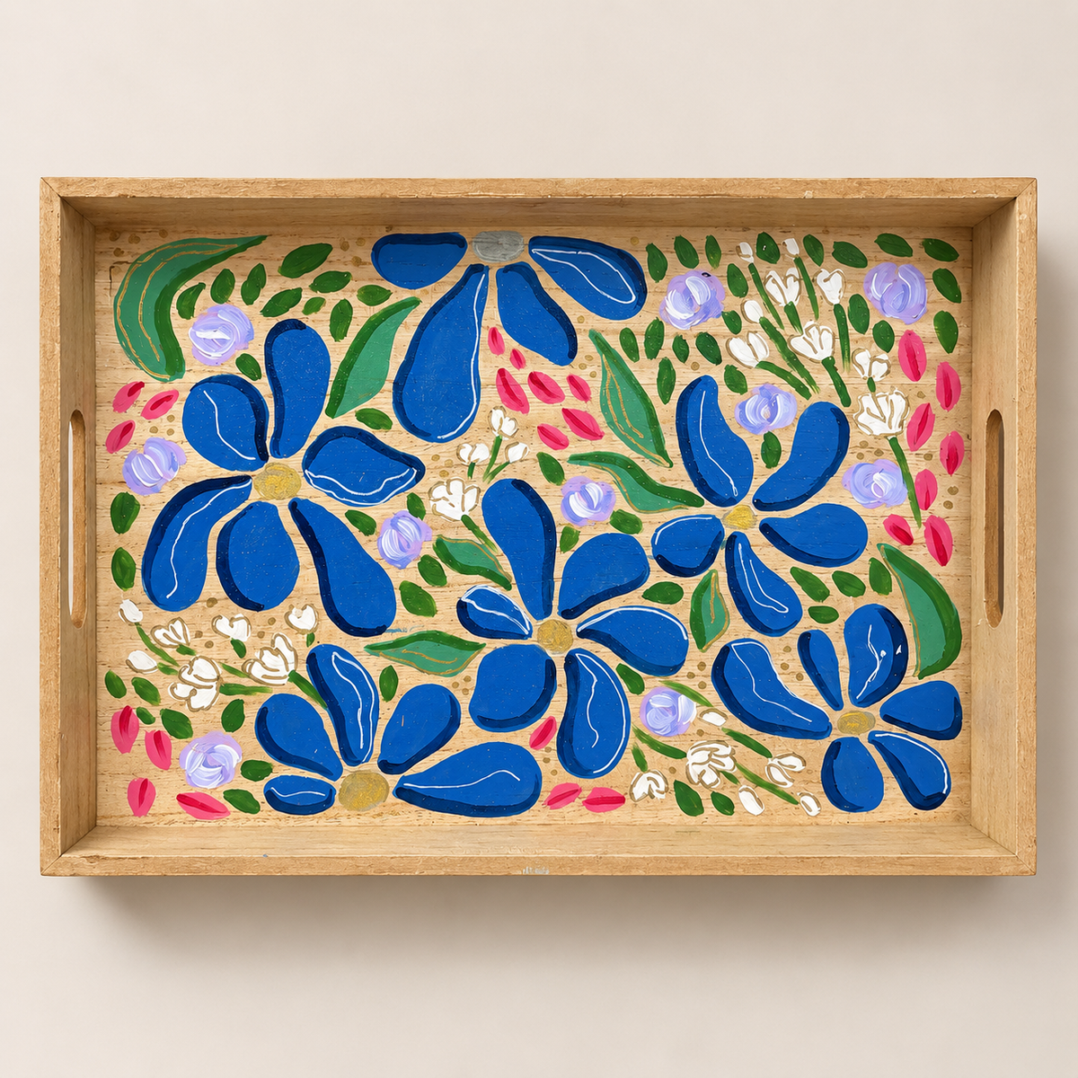 Hand-Painted Abstract Floral Wooden Tray